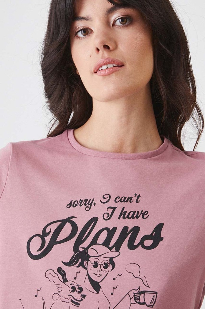T-shirt bawełniany damski z domieszką elastanu z nadrukiem kolor różowy różowy RW24-TSD173