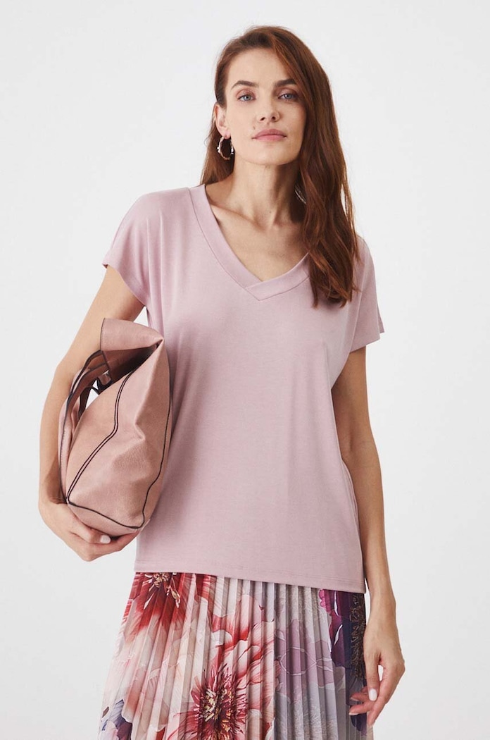 T-shirt basic damski z modalem z elastanem różowy RW24-TSD404