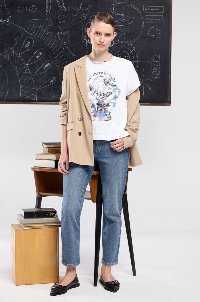 T-shirt bawełniany damski z nadrukiem z kolekcji Science kolor biały okrągły biały RW24-TSD450