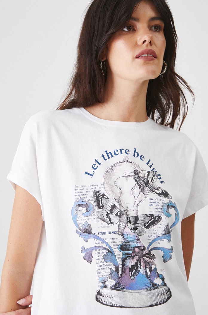 T-shirt bawełniany damski z nadrukiem z kolekcji Science kolor biały RW24-TSD450 biały