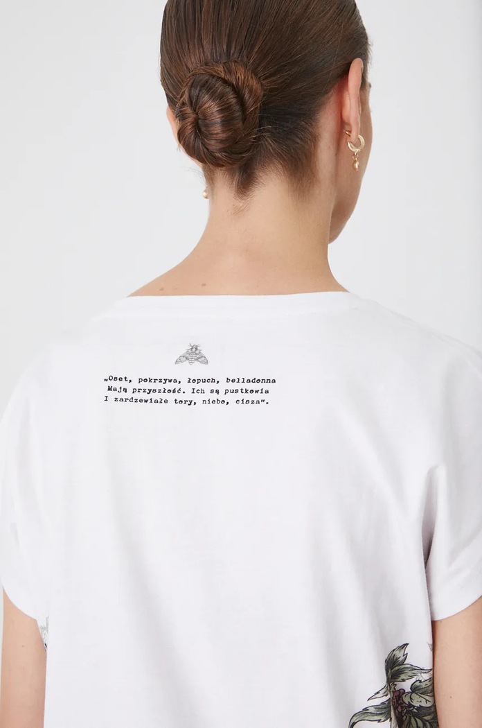 T-shirt bawełniany damski – Medicine z okazji roku Miłosza, kolor beżowy RW24-TSD651