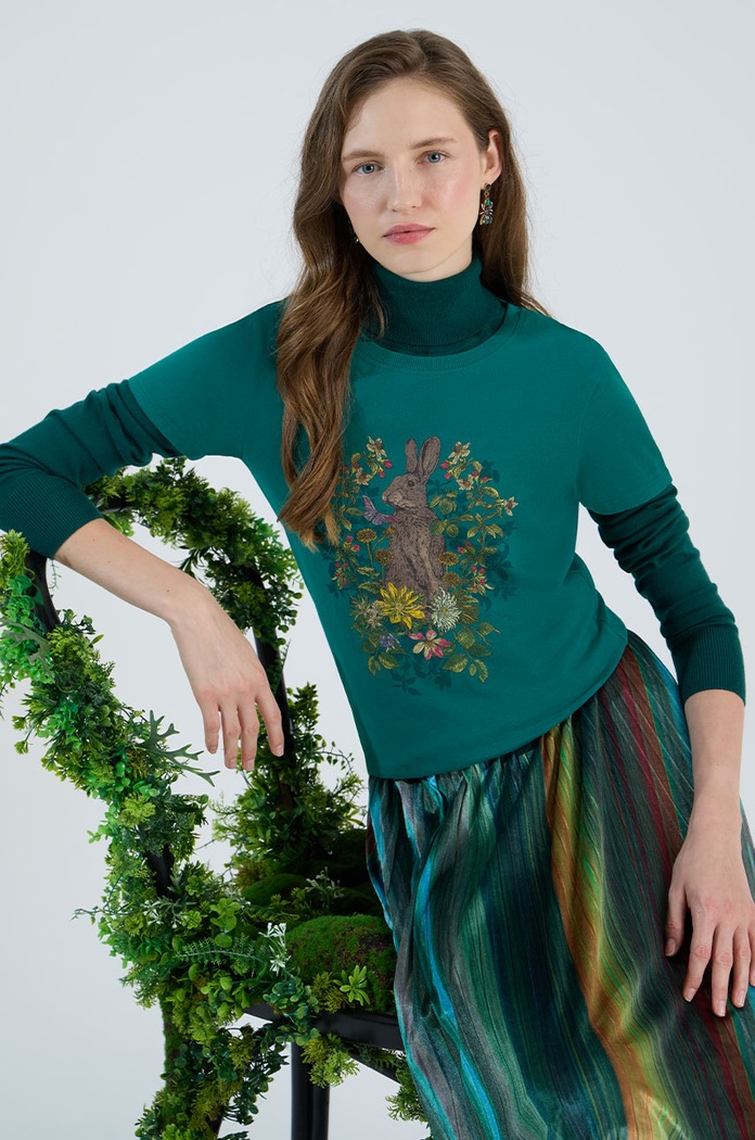 T-shirt bawełniany damski z kolekcji Together For Nature kolor zielony okrągły turkusowy RW24-TSD703