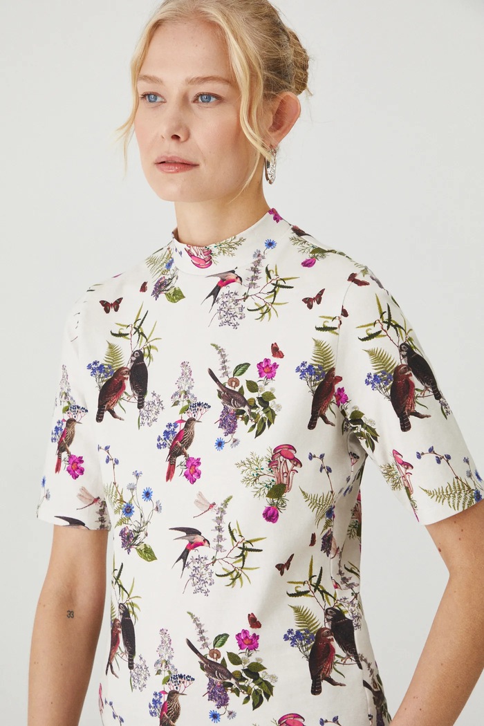 T-shirt bawełniany damski z domieszką elastanu z kolekcji Together For Nature kolor beżowy beżowy RW24-TSD707