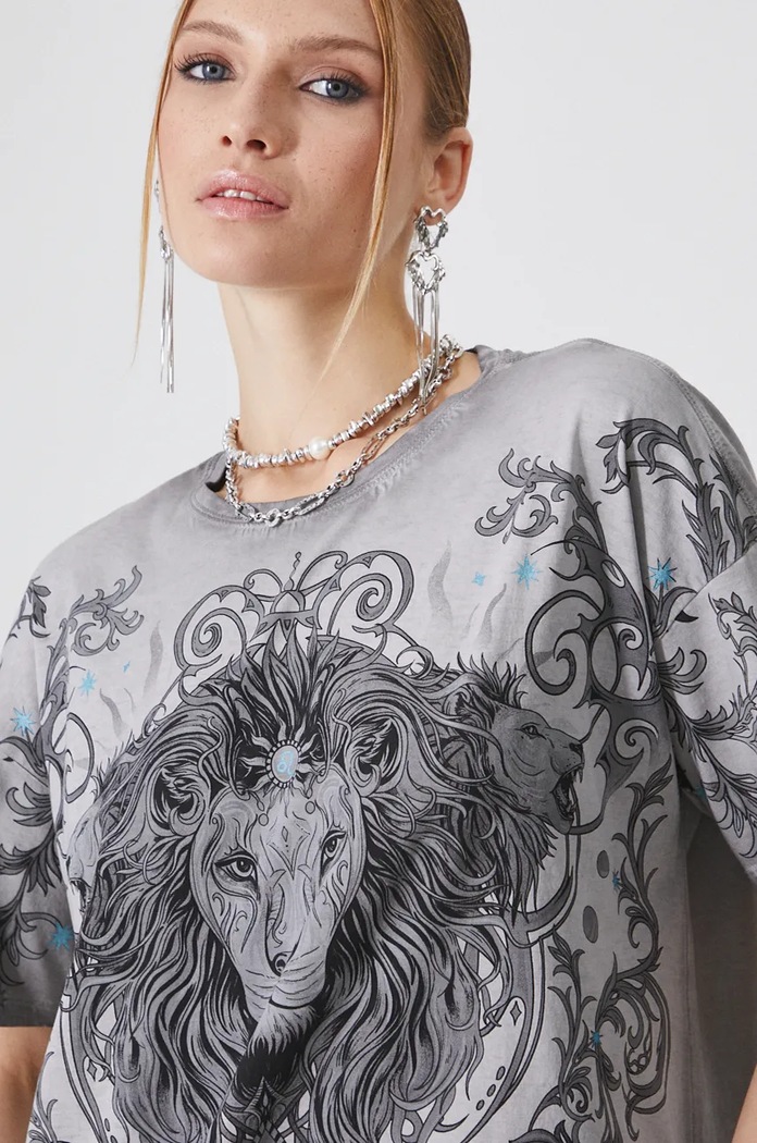 T-shirt bawełniany damski z kolekcji Zodiak - Lew kolor szary RW24-TSD954 szary