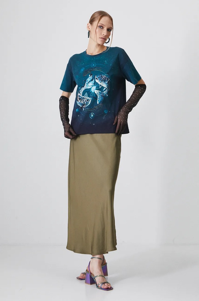 Odzież T-shirt bawełniany damski z kolekcji Zodiak - Ryby kolor zielony RW24-TSD961 turkusowy