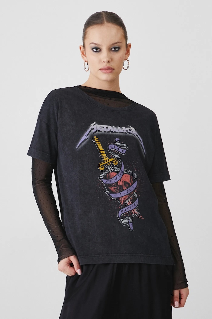 T-shirt bawełniany damski Metallica kolor szary okrągły szary RW24-TSDA75