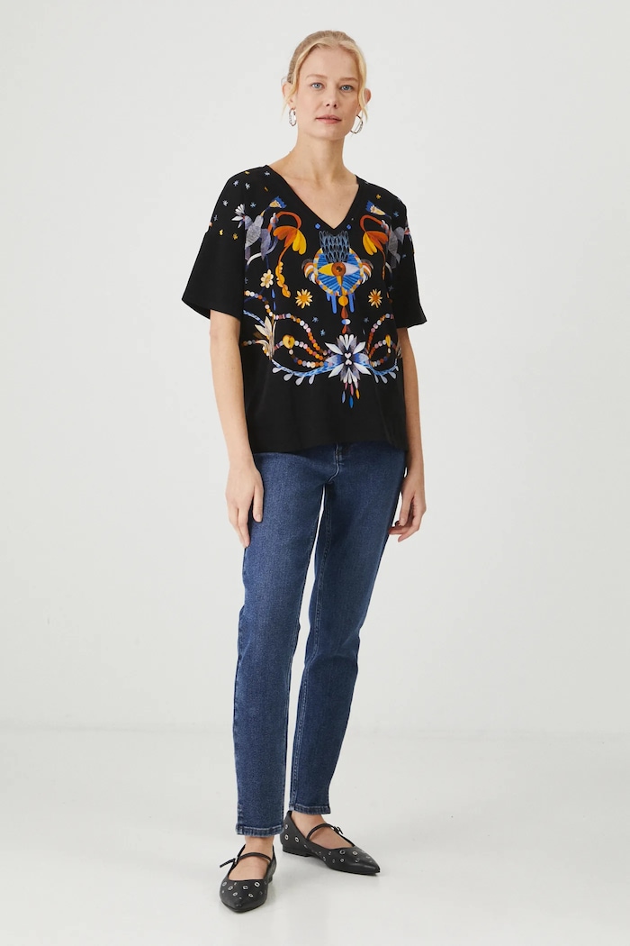 Odzież T-shirt bawełniany damski z domieszką elastanu z kolekcji Karolina Matyjaszkowicz x Medicine kolor czarny RW24-TSDB52 czarny