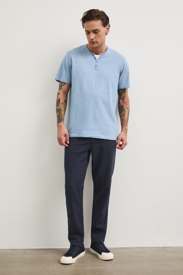 T-shirt basic męski bawełniany z elastanem z elastanem niebieski RW24-TSM040
