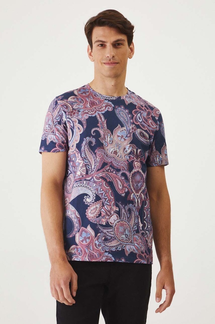 T-shirt bawełniany męski wzorzysty kolor granatowy bawełna granatowy RW24-TSM312
