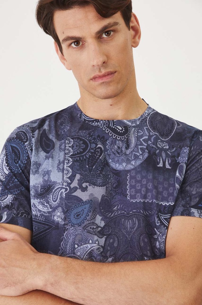 T-shirt bawełniany męski wzorzysty kolor granatowy granatowy RW24-TSM324