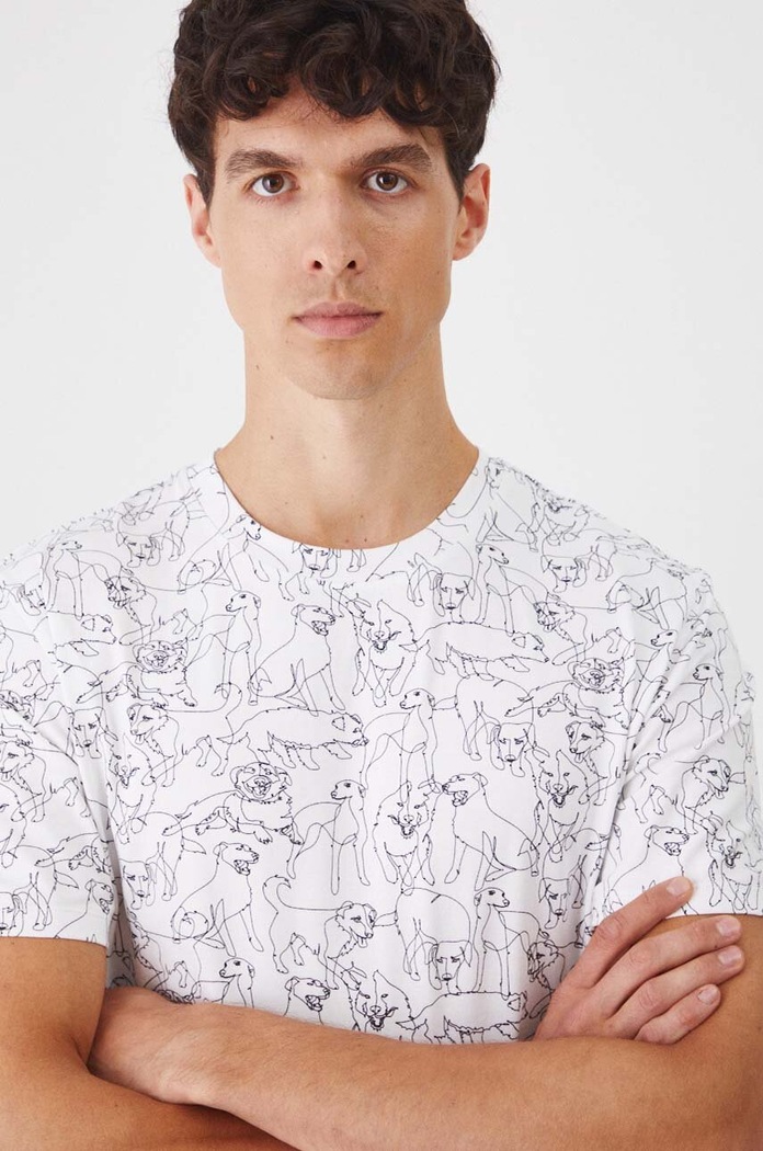 T-shirt bawełniany męski z kolekcji na Dzień Psa z domieszką elastanu wzorzysty kolor biały RW24-TSM430