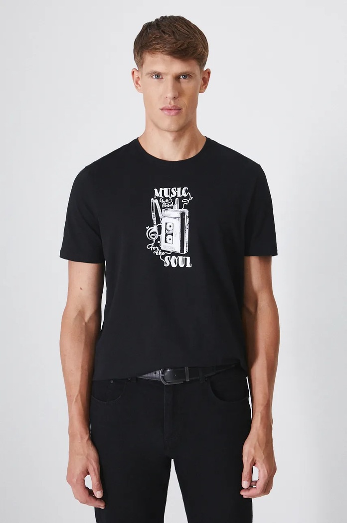 T-shirt bawełniany męski z domieszką elastanu z nadrukiem kolor czarny okrągły czarny RW24-TSM622