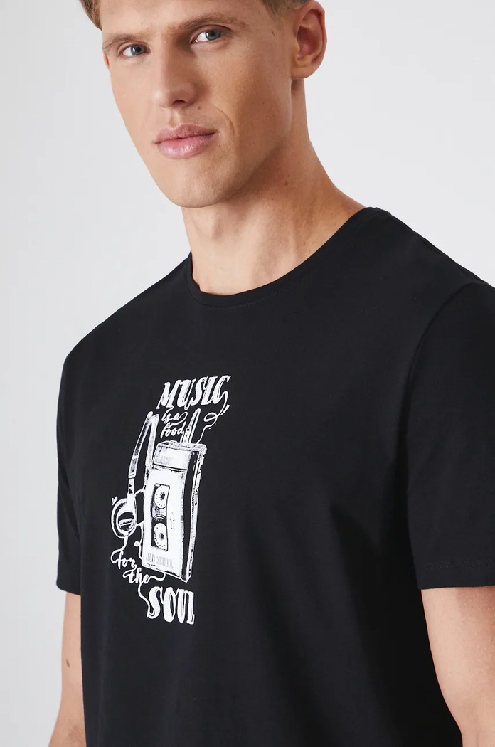 T-shirt bawełniany męski z domieszką elastanu z nadrukiem kolor czarny czarny RW24-TSM622