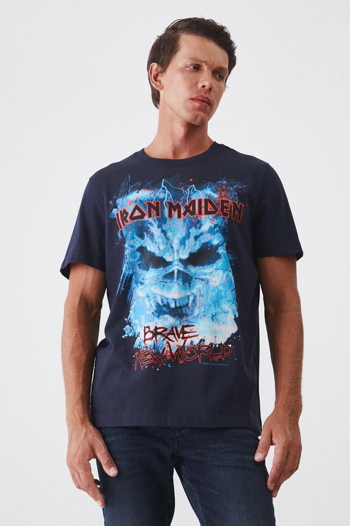 T-shirt bawełniany męski Iron Maiden kolor granatowy okrągły granatowy RW24-TSM671