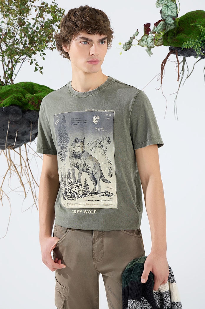 T-shirt bawełniany męski z kolekcji Together For Nature kolor zielony okrągły zielony RW24-TSM705