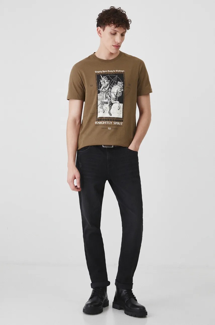 T-shirt bawełniany męski z nadrukiem kolor brązowy okrągły brązowy RW24-TSM800