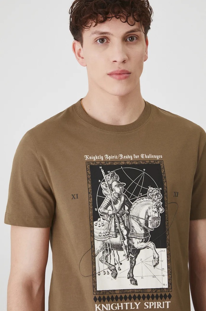 T-shirt bawełniany męski z nadrukiem kolor brązowy brązowy RW24-TSM800