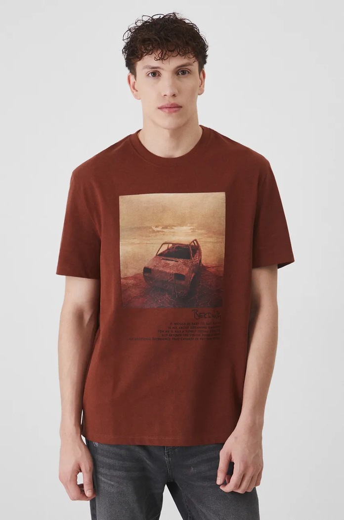 T-shirt bawełniany męski z kolekcji Zdzisław Beksiński x Medicine kolor pomarańczowy okrągły pomarańczowy RW24-TSM859