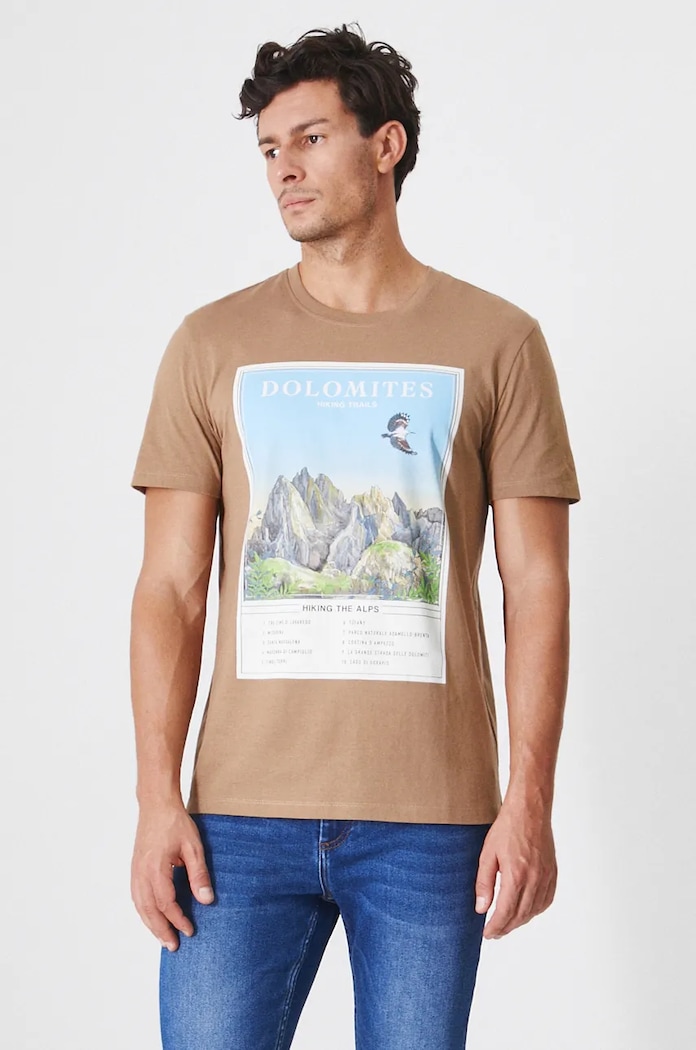 T-shirt bawełniany męski z nadrukiem kolor brązowy okrągły brązowy RW24-TSM902