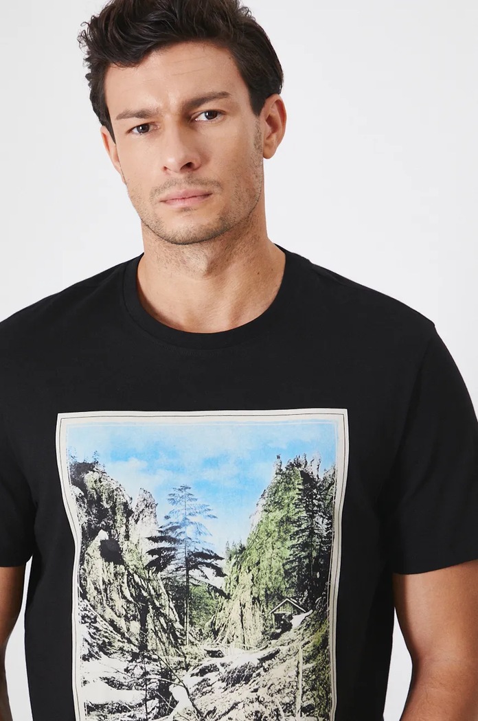 T-shirt bawełniany męski z nadrukiem kolor czarny czarny RW24-TSM904