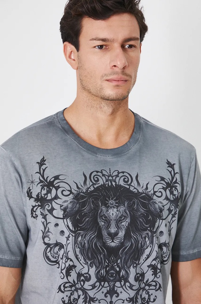 T-shirt bawełniany męski z kolekcji Zodiak - Lew kolor szary RW24-TSM957 szary