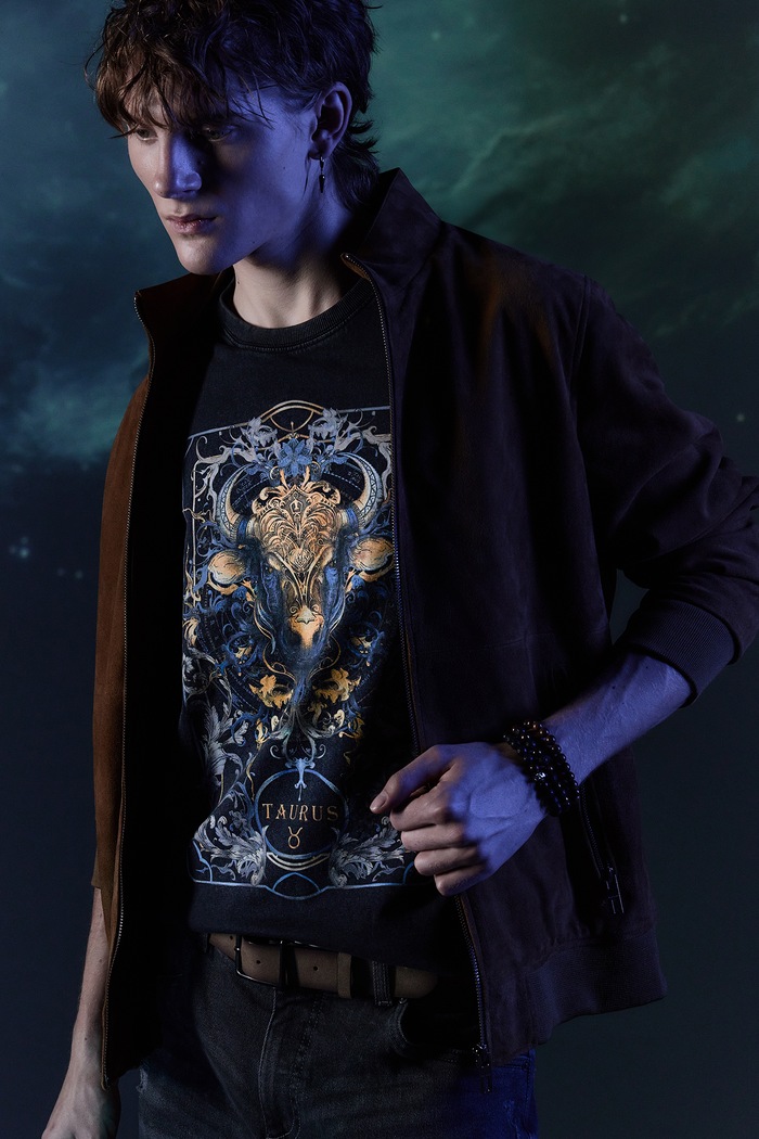 T-shirt bawełniany męski z kolekcji Zodiak - Byk kolor szary okrągły szary RW24-TSM958