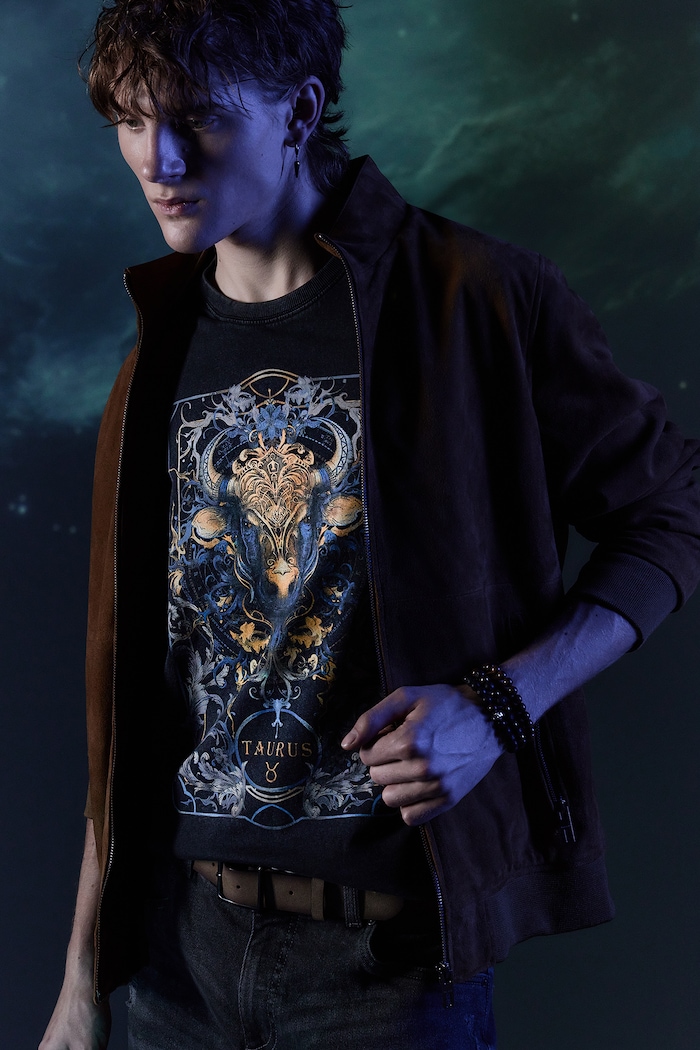 T-shirt bawełniany męski z kolekcji Zodiak - Byk kolor szary okrągły szary RW24-TSM958