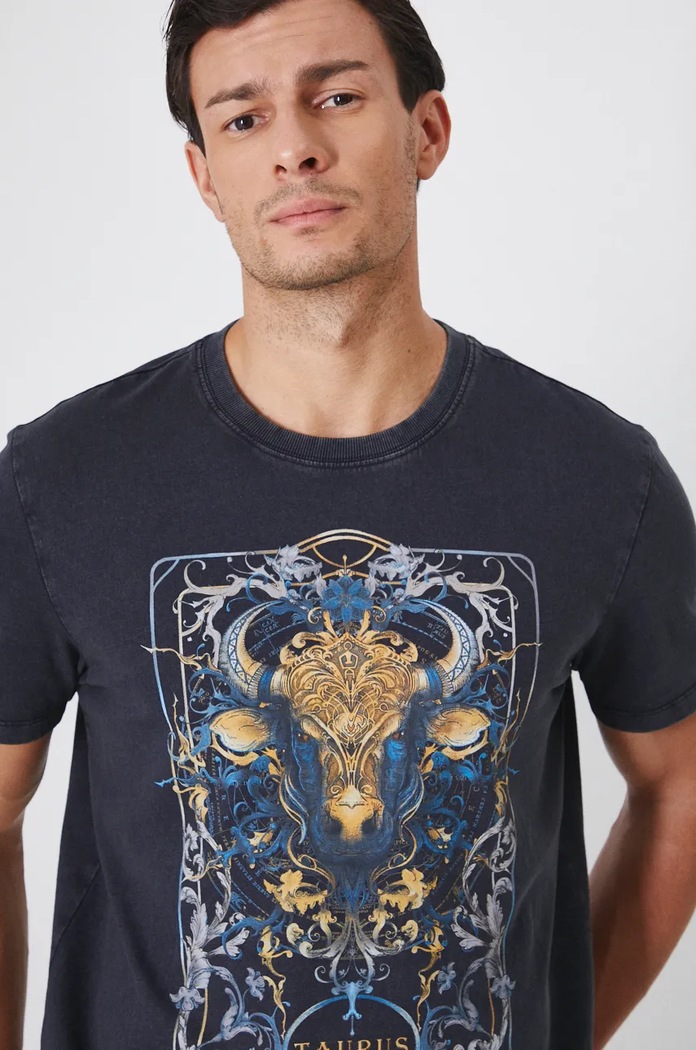 T-shirt bawełniany męski z kolekcji Zodiak - Byk kolor szary RW24-TSM958 szary