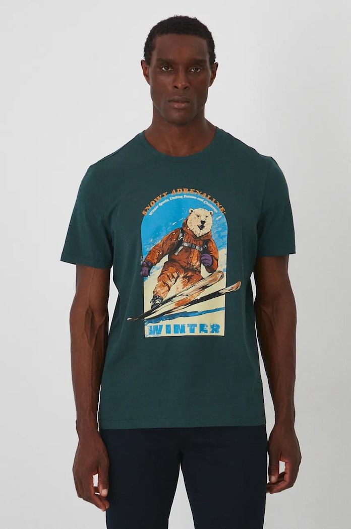 T-shirt bawełniany męski z nadrukiem kolor zielony okrągły zielony RW24-TSMA20