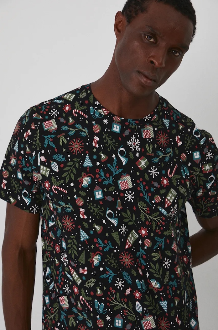 T-shirt bawełniany męski z domieszką elastanu świąteczny kolor czarny czarny RW24-TSMA24
