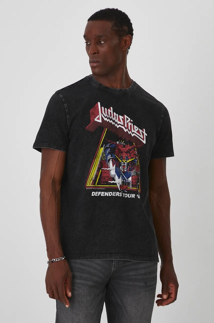 T-shirt bawełniany męski Judas Priest kolor szary okrągły szary RW24-TSMA70