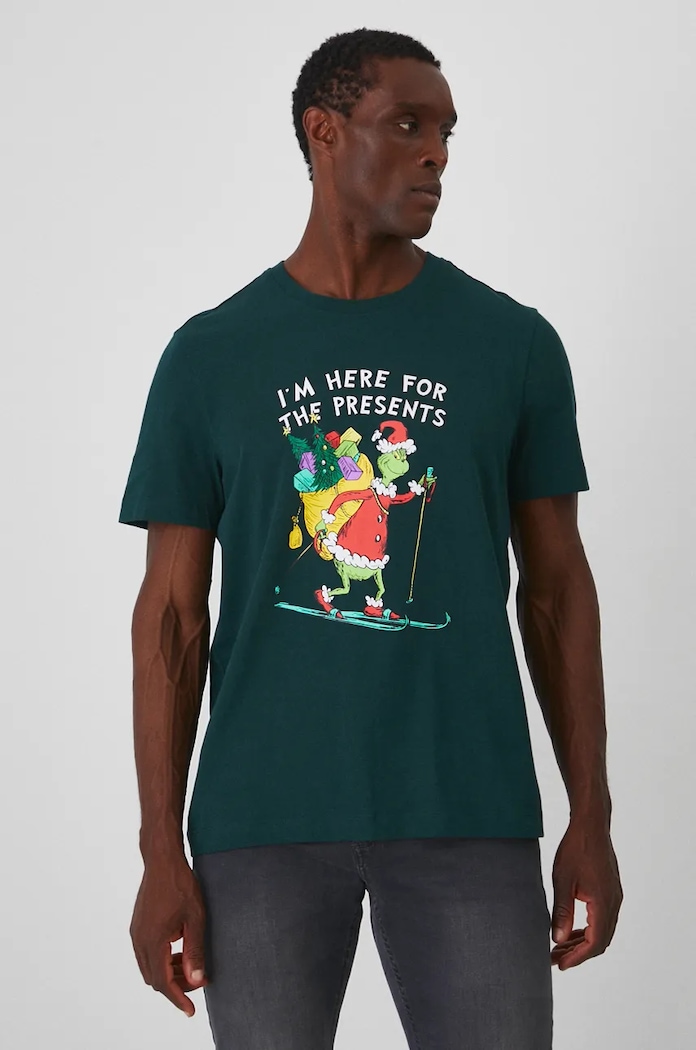 T-shirt bawełniany męski świąteczny Grinch kolor zielony okrągły zielony RW24-TSMA76