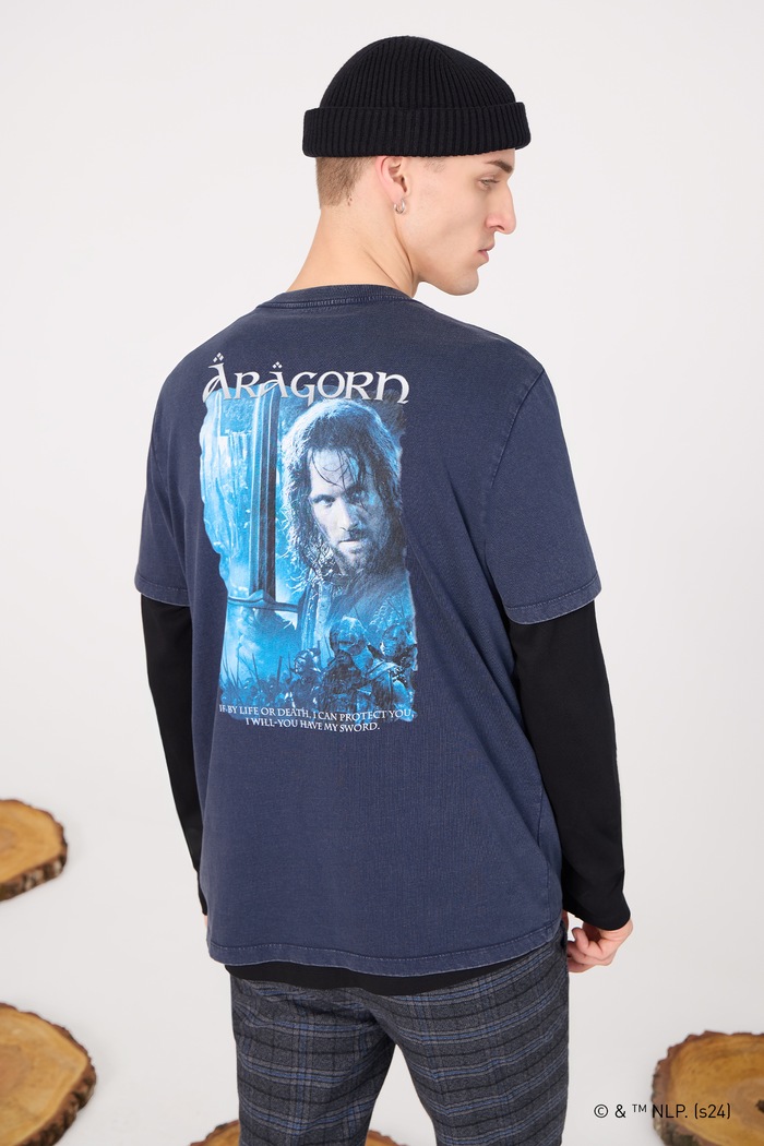 T-shirt bawełniany męski z kolekcji The Lord of the Rings kolor granatowy okrągły granatowy RW24-TSMA80