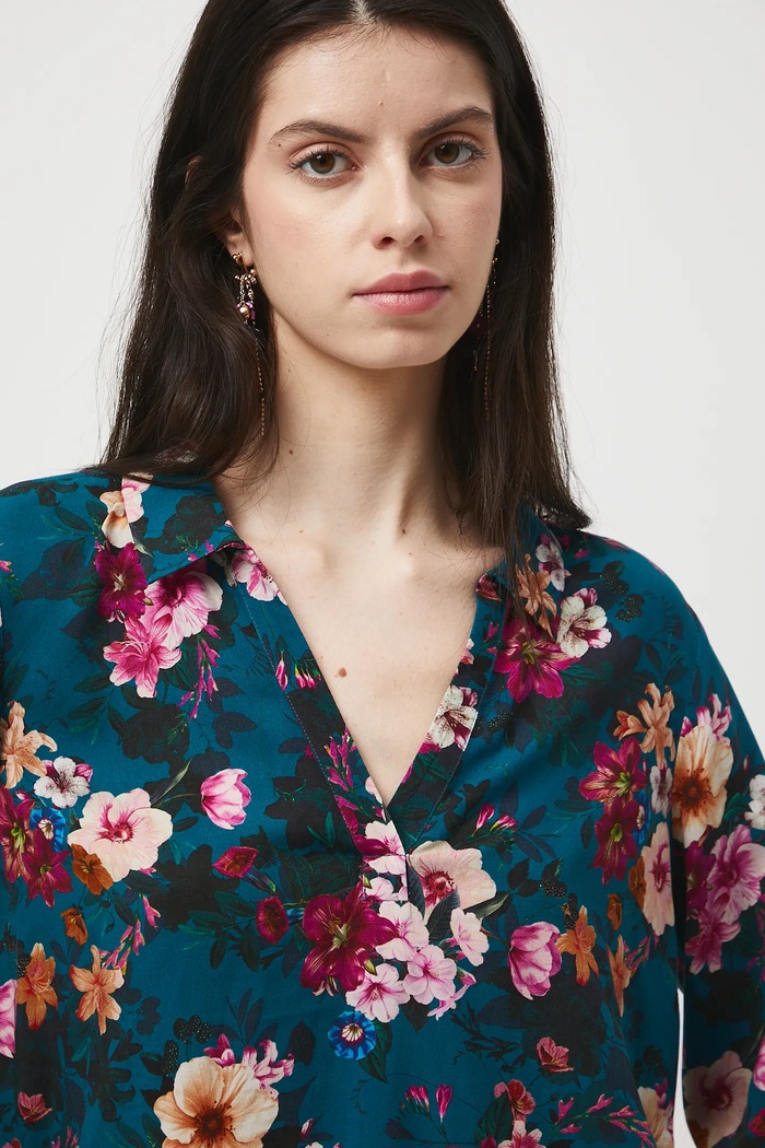 Halenka dámská z viskózy s květinovým vzorem RW25-BDD030 tyrkysová