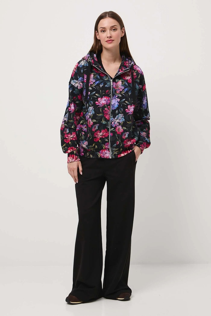 Bluza bawełniana damska z kapturem wzorzysta wzorzyste czarny RW25-BLD030