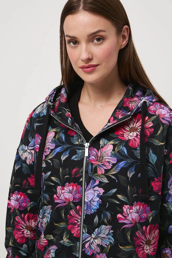 Bluza bawełniana damska z kapturem wzorzysta czarny RW25-BLD030