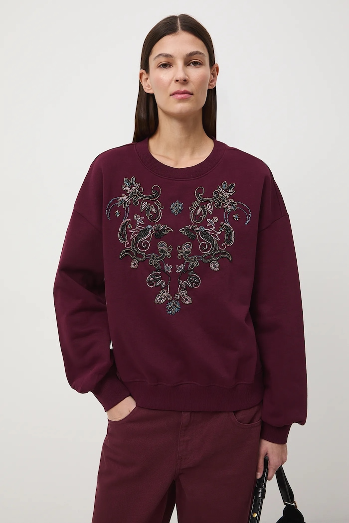 Bluza damska z ozdobną aplikacją aplikacja bordowy RW25-BLDC02