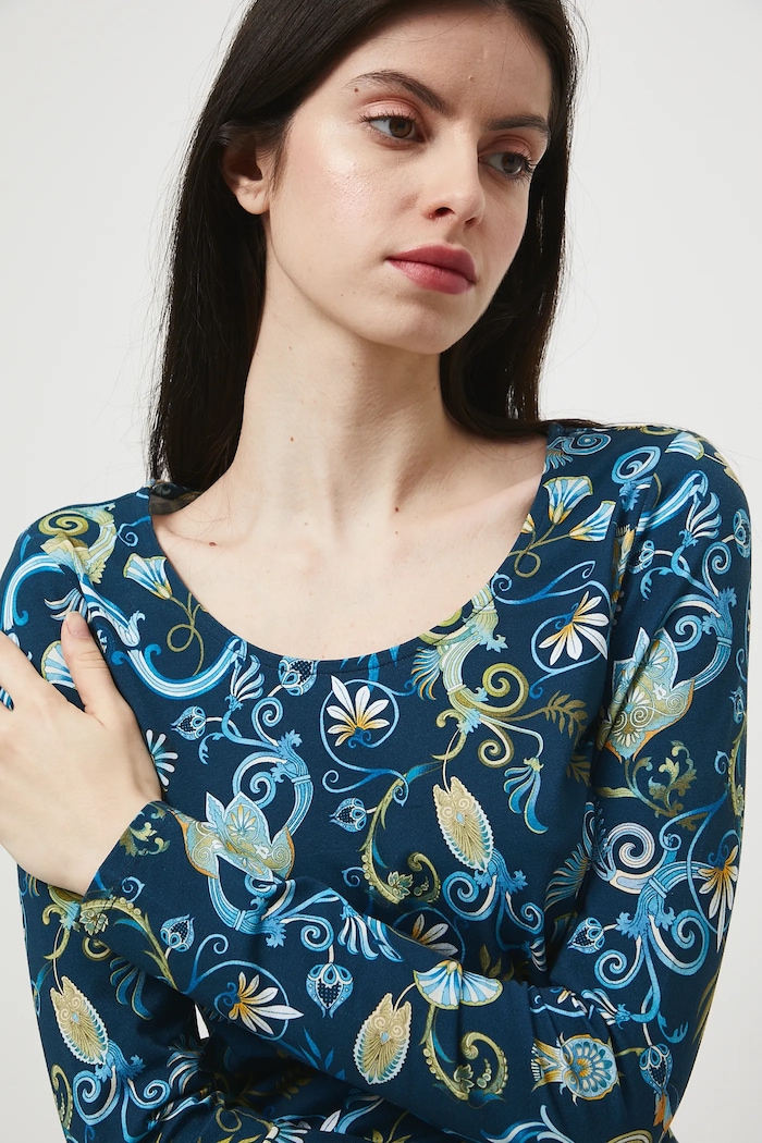 Longsleeve bawełniany z elastanem wzorzysty granatowy RW25-BUD302