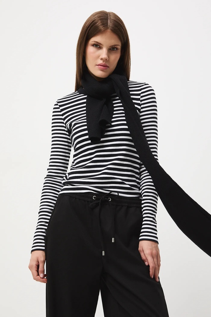 Longsleeve bawełniany damski z elastanem w pasy z elastanem czarny RW25-BUD602