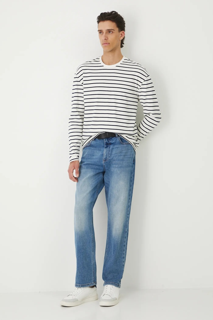 Longsleeve bawełniany męski interlock w pasy bawełna beżowy RW25-BUM010