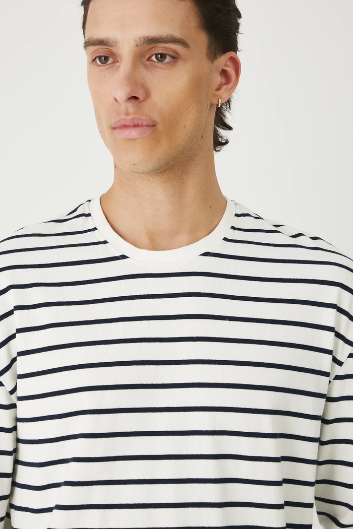 Longsleeve bawełniany męski interlock w pasy beżowy RW25-BUM010
