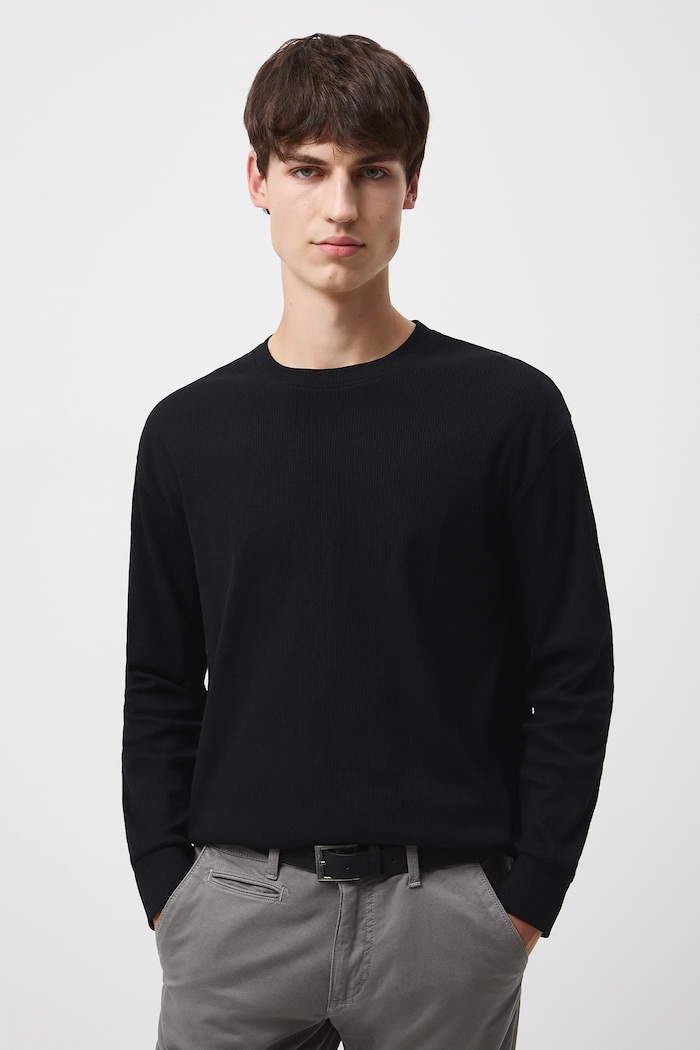 Longsleeve męski prążkowany gładkie czarny RW25-BUM050
