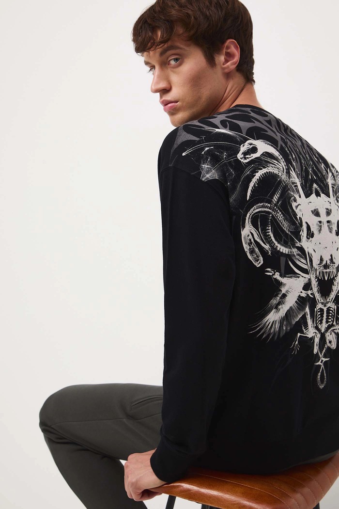 Longsleeve bawełniany męski z nadrukiem okrągły czarny RW25-BUM700