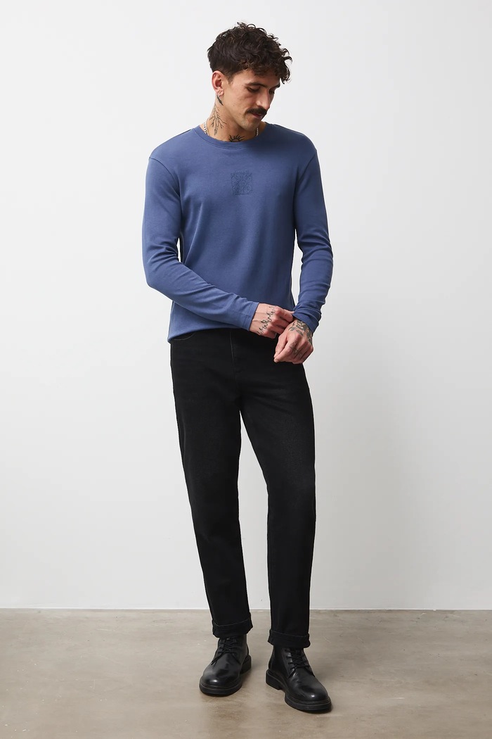 Longsleeve męski interlock z nadrukiem granatowy RW25-BUMB01