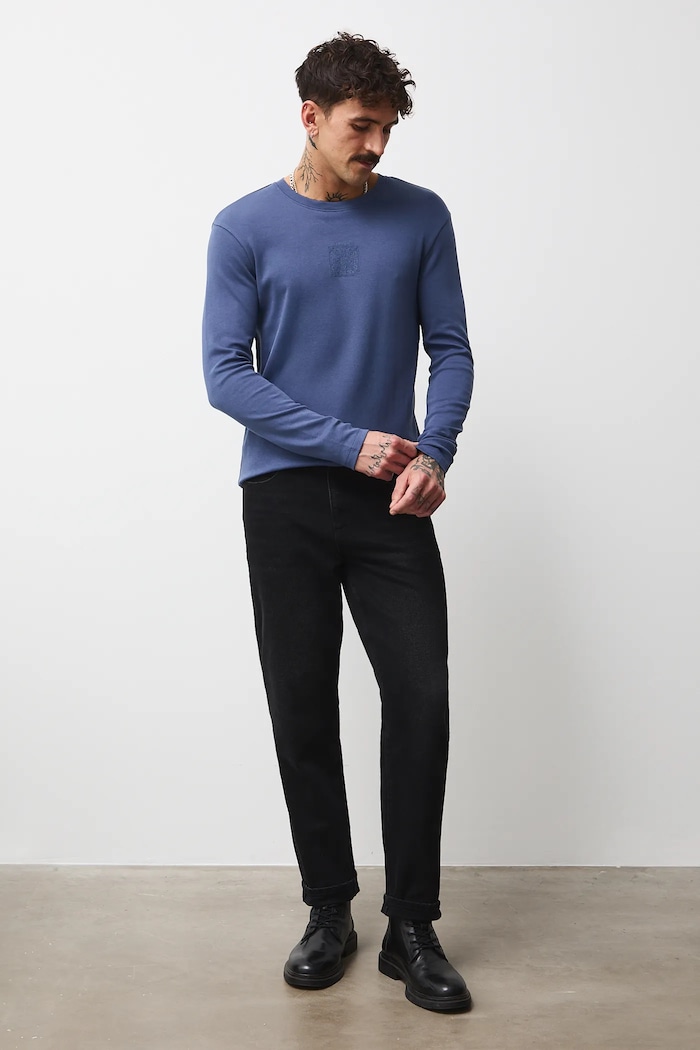 Longsleeve męski interlock z nadrukiem granatowy RW25-BUMB01