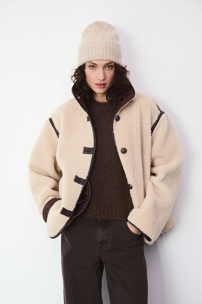 Czapka z domieszką wełny damska beanie gruba beżowy RW25-CDD071