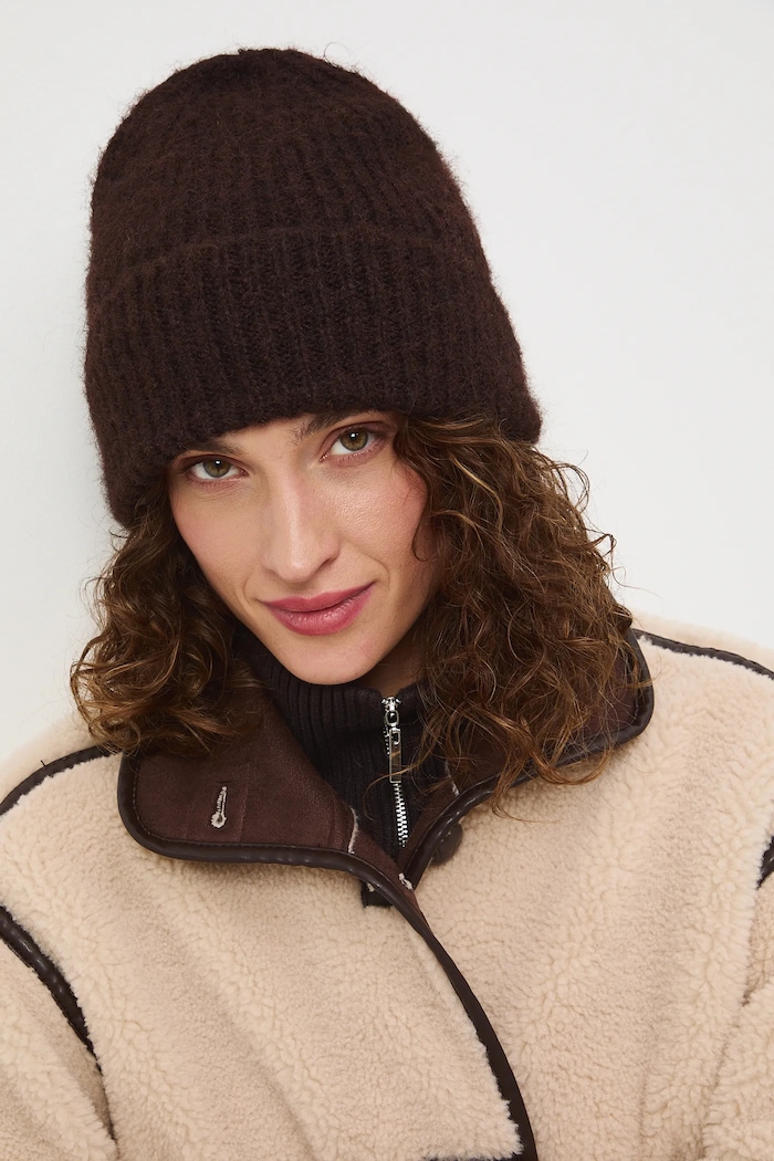 Czapka damska beanie z domieszką wełny brązowy RW25-CDD705