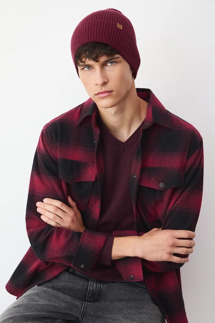 Czapka męska beanie prążkowana bordowy RW25-CDM050