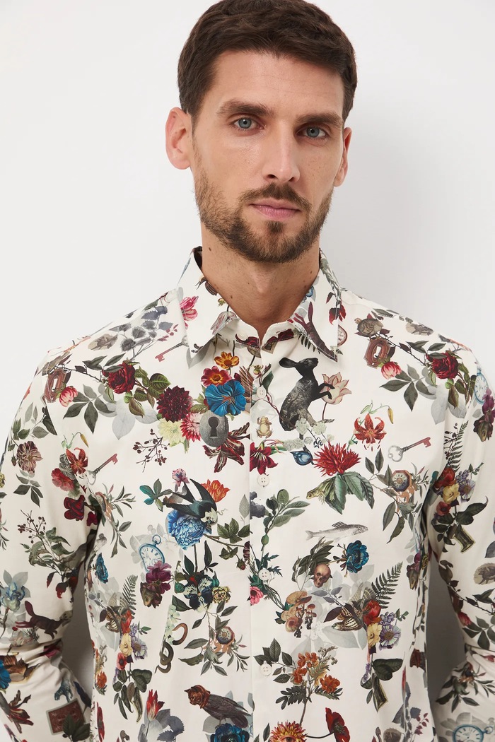 Koszula bawełniana męska z kołnierzykiem klasycznym wzorzysta multicolor RW25-KDM906