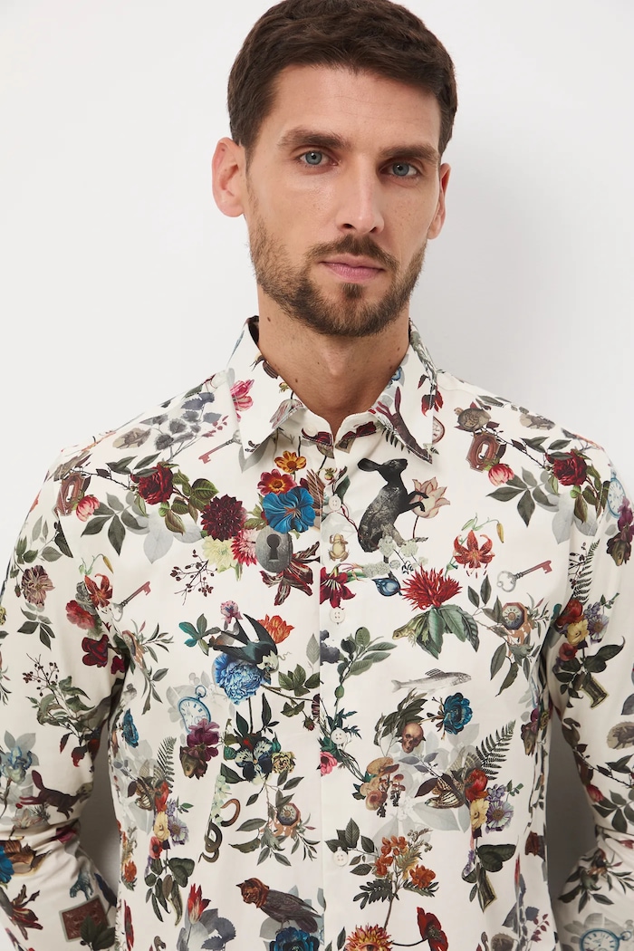 Koszula bawełniana męska z kołnierzykiem klasycznym wzorzysta multicolor RW25-KDM906